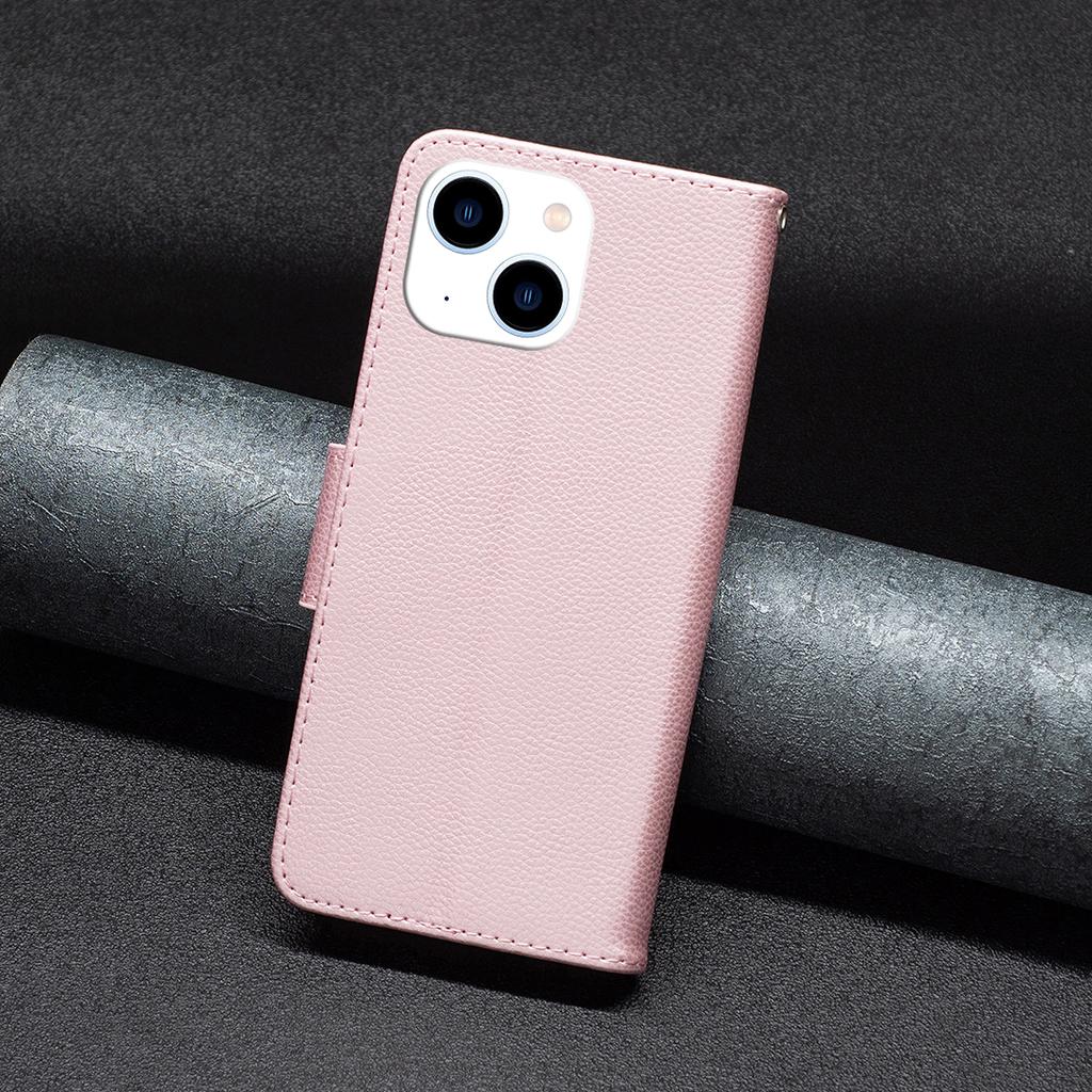 Für iPhone 15 Handy Klappständer Hülle Brieftasche PU Leder Litschi Textur Handyhülle mit Riemen