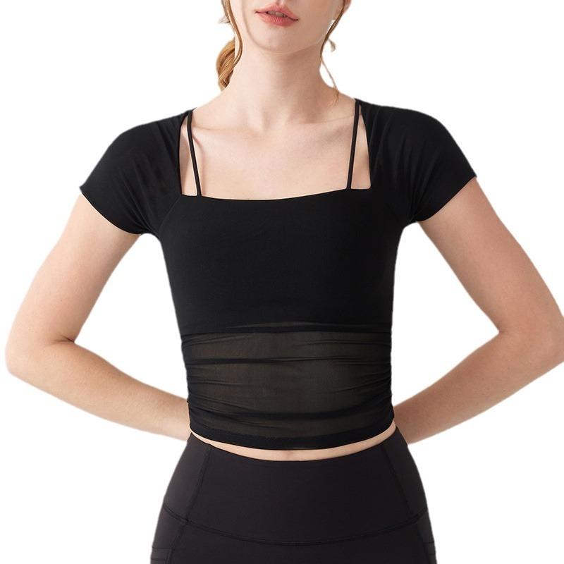 

Поддельные спортивные бюстгальтеры с двумя сетчатыми чашками, одежда для йоги с накладками на грудь и топы для фитнеса с короткими рукавами снаружи XL чёрный