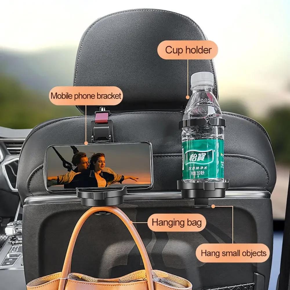 3 In 1 Car Headrest Cup Holder and Hook Multifunctional Cup Holder and Cell Phone Holder Car Headrest Hooks Car Accessories
