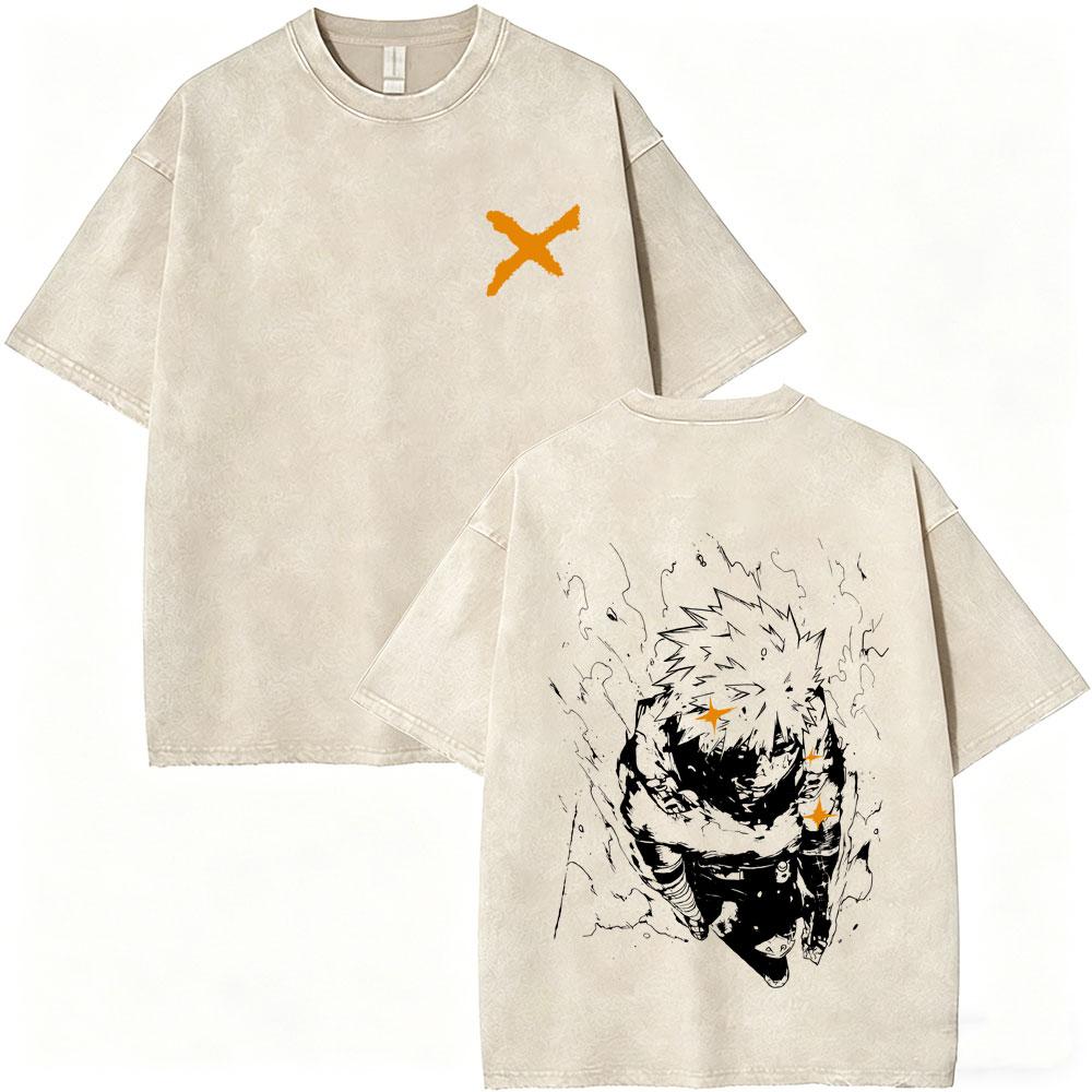 Washed Vintage Anime My Hero Academia Midoriya Izuku and Bakugou Katsuki Merch T Shirt Men Women Casual Retro Oversized Tshirts