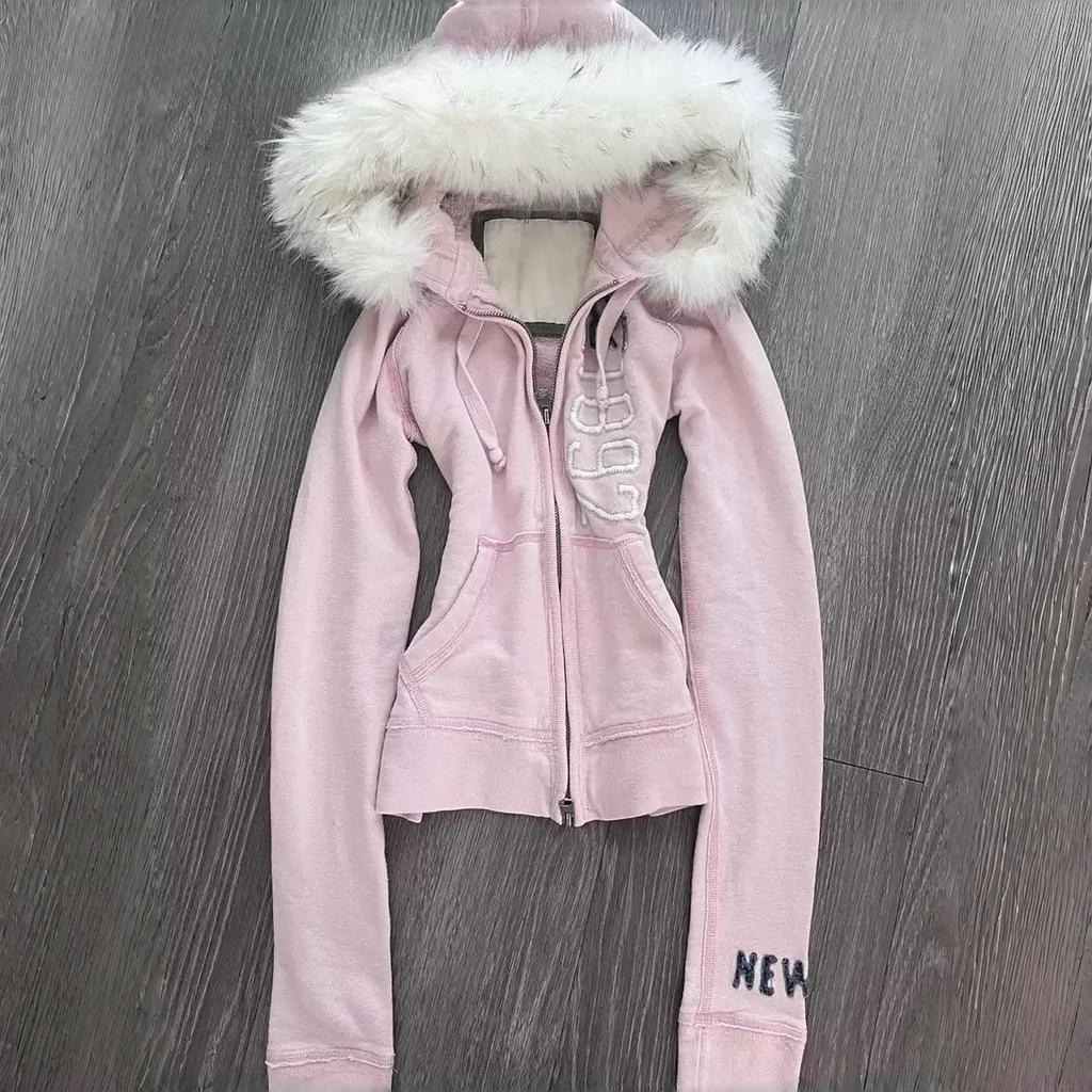 2KWEIRD Women Vintage Hooded Letter Printed Pockets Zipper Furry Patchwork Sexy Y2k Aesthetic Harajuku Coats Female
