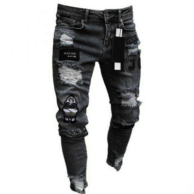 Nové pánské a dámské hip-hopové slim fit roztrhané skinny džíny s nášivkou, velká velikost