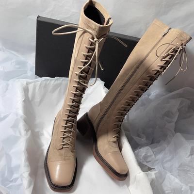 Block Heel High Boots Autumn New Square Toe Spliced Front Lace-Up Side Brushed Anti-Slip Wear-Resistant Single Boots