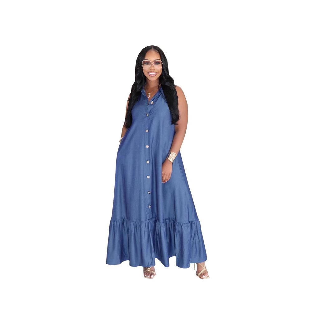 TW851 European Sleeveless Ruffle Long Dress - Women's Casual Holiday Button-Down Lapel Style