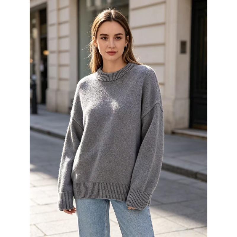 European and American Knitted Sweater Women's Loose Round Neck Solid Color Long Sleeve Thickened Large Size Autumn and Winter Casual Pullover