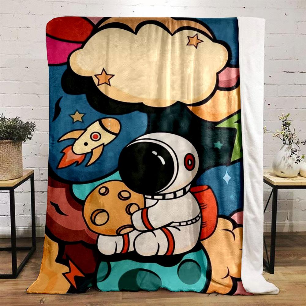 Astronaut auf bunten Planeten mit Rakete, Sternen und verspieltem Design. Decke für alle Jahreszeiten Mittagspause Überwurf Geschenk