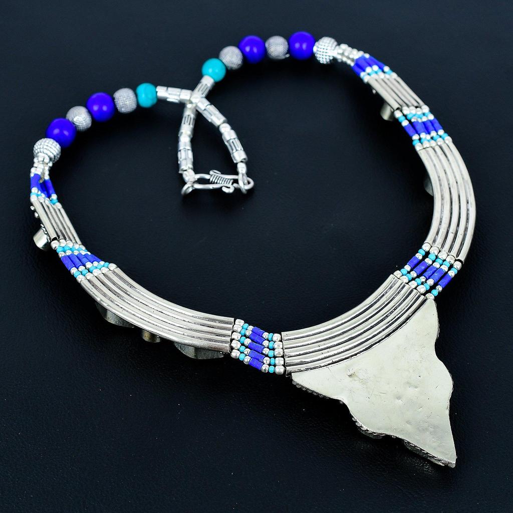 Collana in Argento Sterling 925 Turchese, Lapislazzuli Collana in Argento Tibetano Collana Bohemien Antica Gioielli Fatti a Mano Collana Nepalese Regalo per Moglie