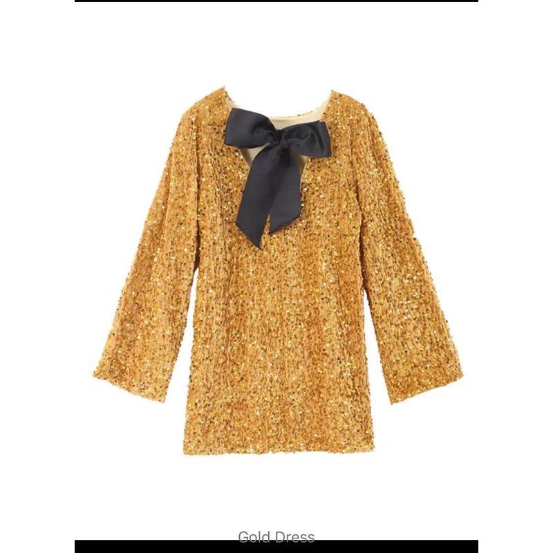 

Fall and Winter Dress Long Sleeves Loose Dress Bows Gold 3XL