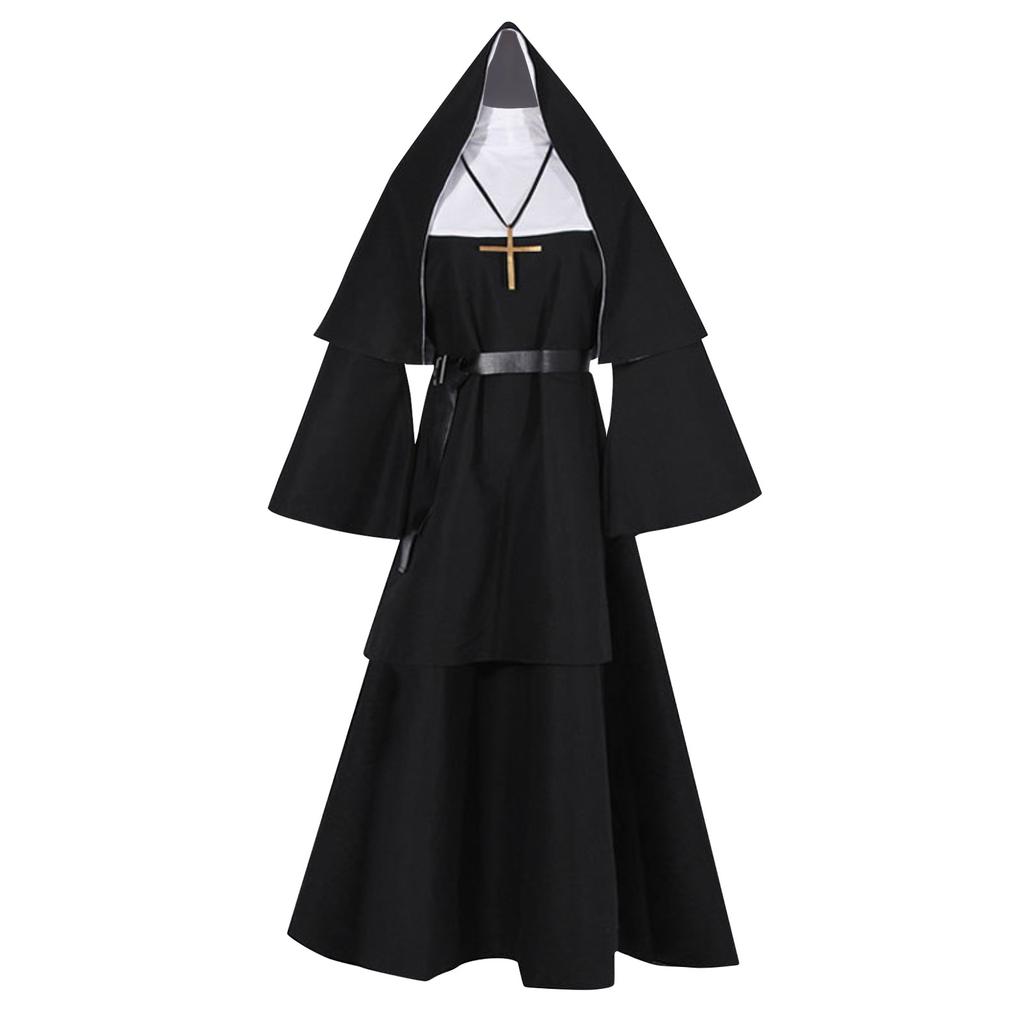 Kostým halloweenská jeptiška Cosplay 4dílná sada Kostým jeptiška + mys + pásek + náhrdelník cosplay kostým