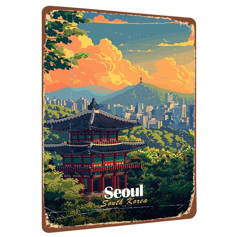 

Seoul Namsan Tower Traditional Korean Pavilion Metal Iron Painting Home Decor Wall Art Gift 20x30cm（7.8x11.8inch）