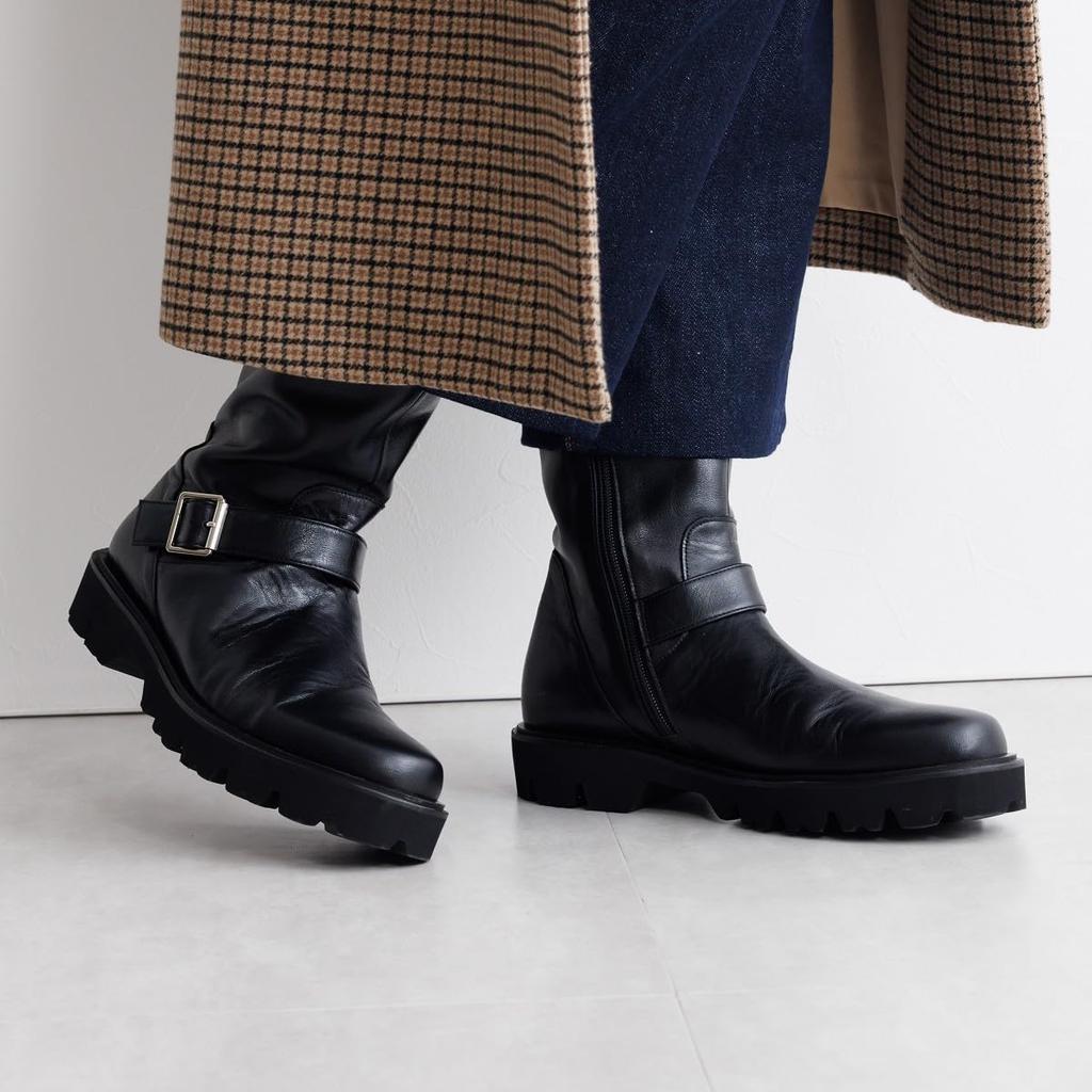 HIMIKO Engineer Boots, 651405, Black, Size 225, Genuine Leather with Soft Cushion Track Sole and Thick Sole