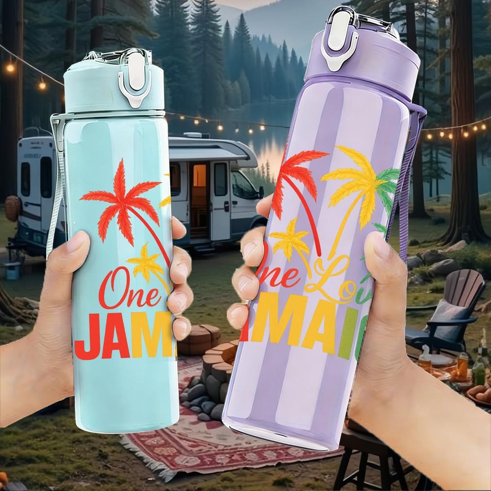 1PC One Love Jamaica Palm Tree 750ml Color Plastic Sports Water Bottle Leakproof Flip Straw Lid Suitable for Sports Office Home Use