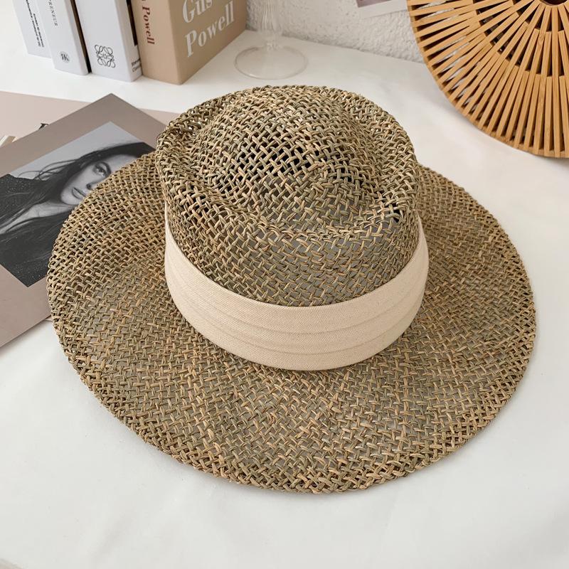 New wind beach travel holiday straw hat concave shape travel engraved handmade seaweed visor for men and women