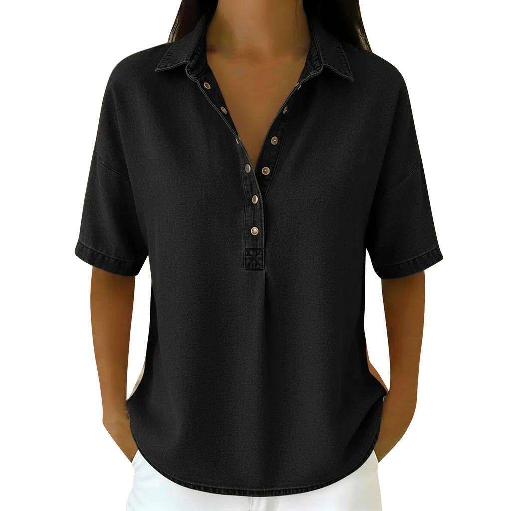 Women's Loose Fit Denim Button Trim Top, Casual Button Blouse for Women, Daily Wear Basic Top