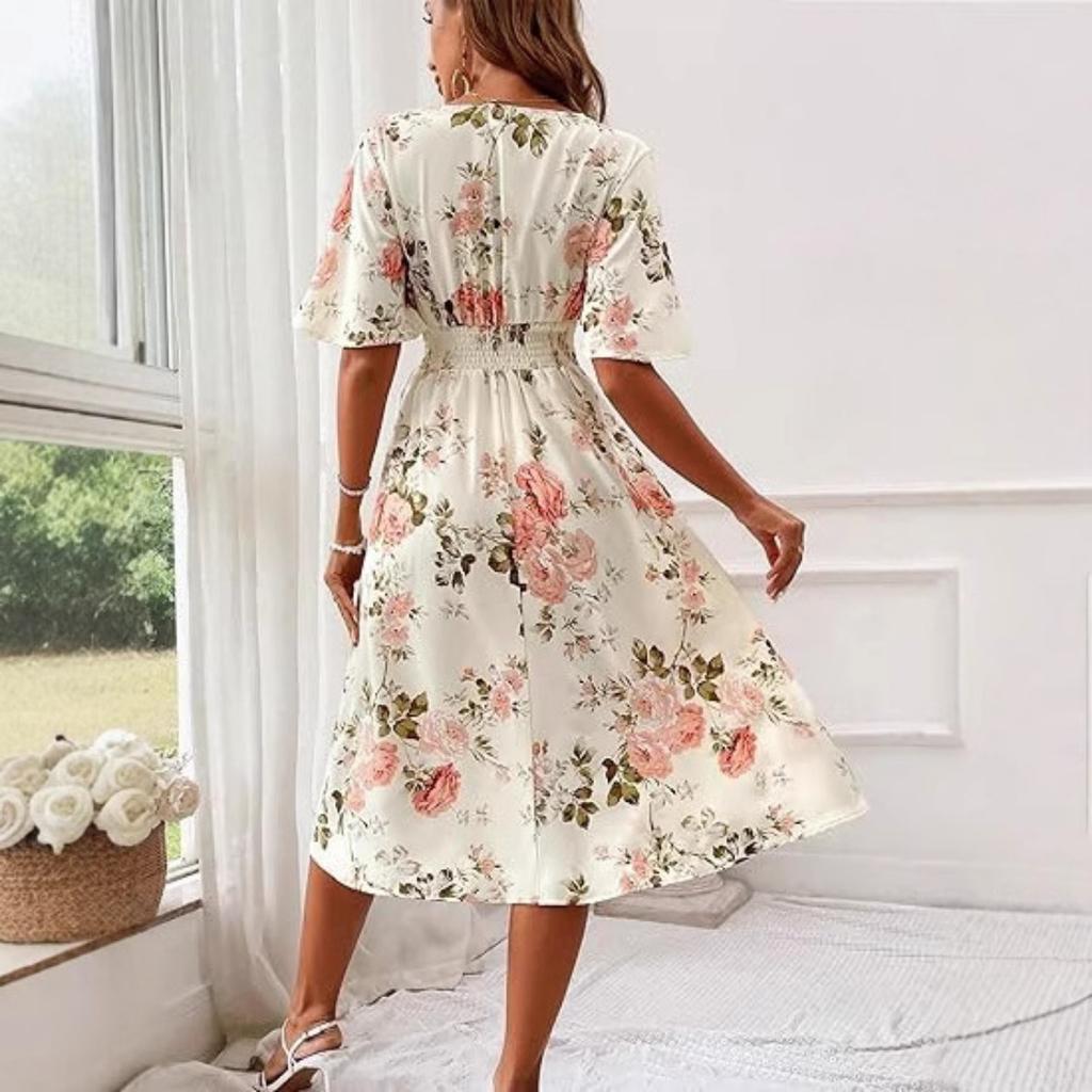 Super vílí květinové šaty s výstřihem do V ve velké velikosti, přímořské prázdniny, krátký rukáv, temperament, pas se stahováním, dlouhá sukně
