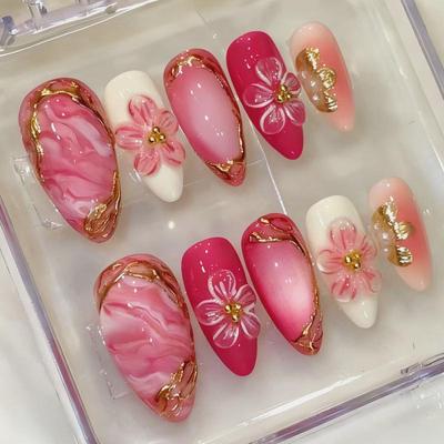 Gold Foil 3D Almond Blossom Gradient Rhinestone False Nails - 30 Pieces