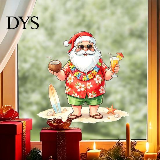 Tropical Santa Window Cling Claus Surf Static Sticker, Christmas PVC Decal, Waterproof Seasonal Decoration Easy Apply Sticker for Glass Doors