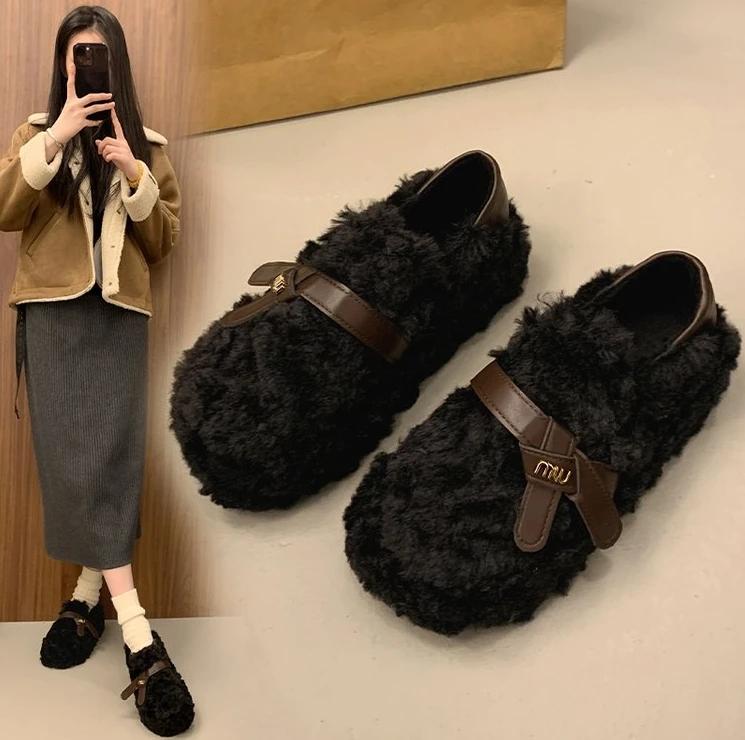 Fashion Luxury Sheep Fur Lined Loafers Women Lambswool Shoes Ladies Winter Slip On Furry Flats Cotton Wool Mocasine Femme Barefoot Boots