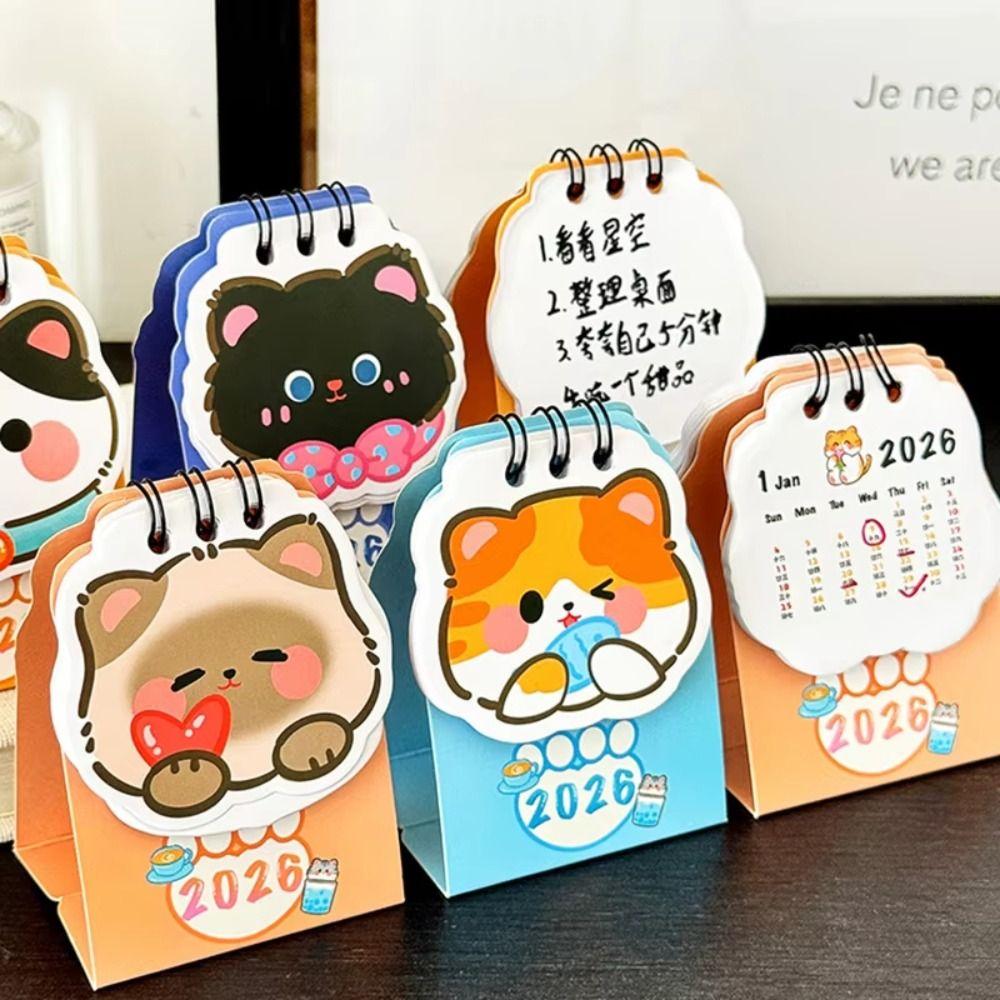 Cute Mini 2026 Desk Calendar Coil Cartoon Cat Daily Planner Schedule Mark Portable Schedule Planner Office Desk Accessories