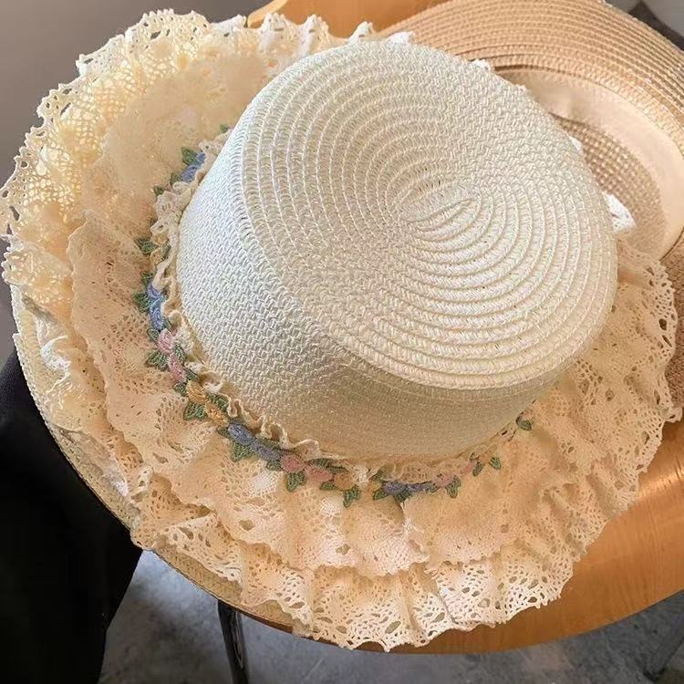 

Цветочная кружевная шляпа Летняя французская шляпа-цилиндр Пляжная защита от солнца Шляпа от солнца Солнечная шляпа Бежевая M（56-58cm）