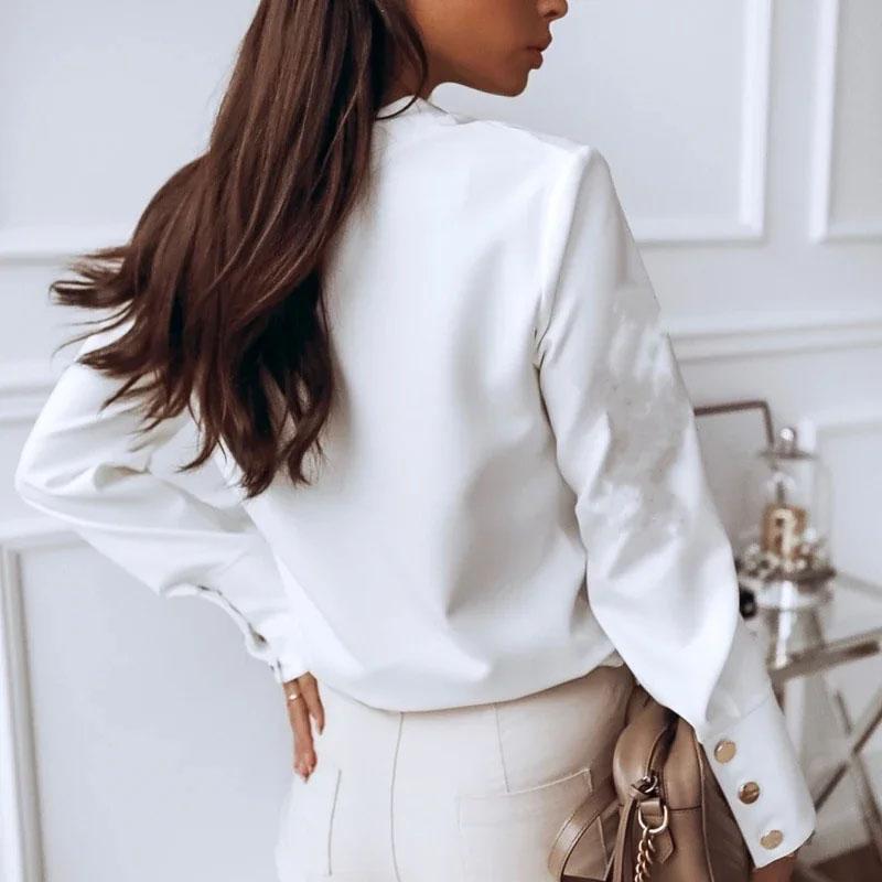 Long Sleeve Stand Collar Office Lady Tops Button Up Women Blouse White Casual Woman Shirt Fashion Black Loose Shirts 10619