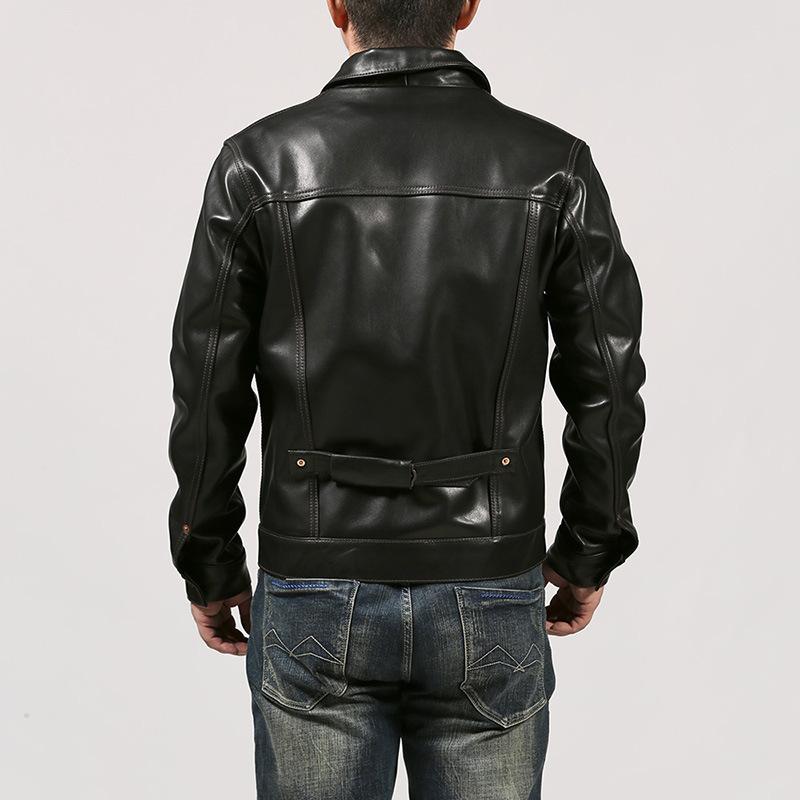 Casual denim leather jacket men's lapel multi-pocket top sheepskin leather jacket