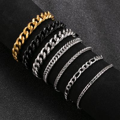 Titanium Steel Jewelry Fashion Punk Cuban Link Stainless Steel Bracelet Seven-Piece Set Wholesale