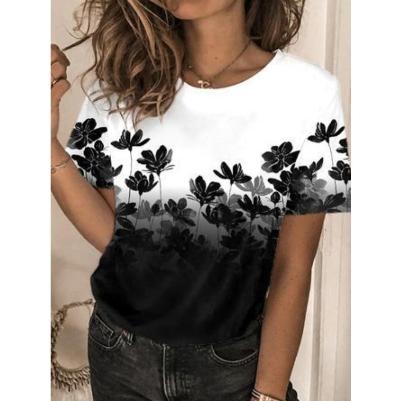 

Женская Модная Тенденция Свободная Модная Повседневная Универсальная Футболка с Коротким Рукавом и Круглым Вырезом с Цветочным Узором 3XL