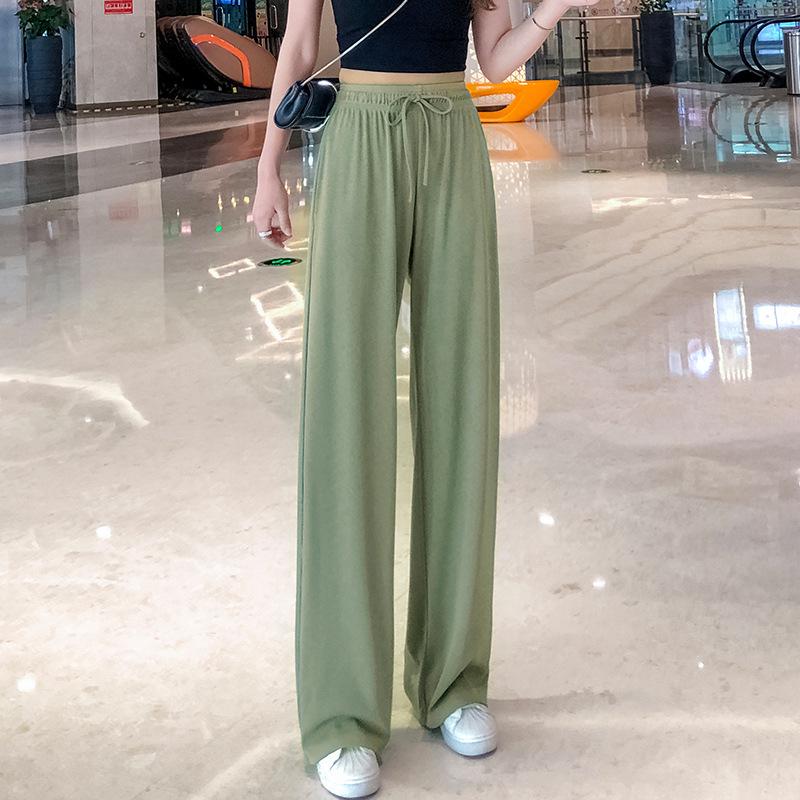 2025 Women's High Waist Wide Leg Ice Silk Pants - Spring/Summer Loose, Slimming, Floor-Length.