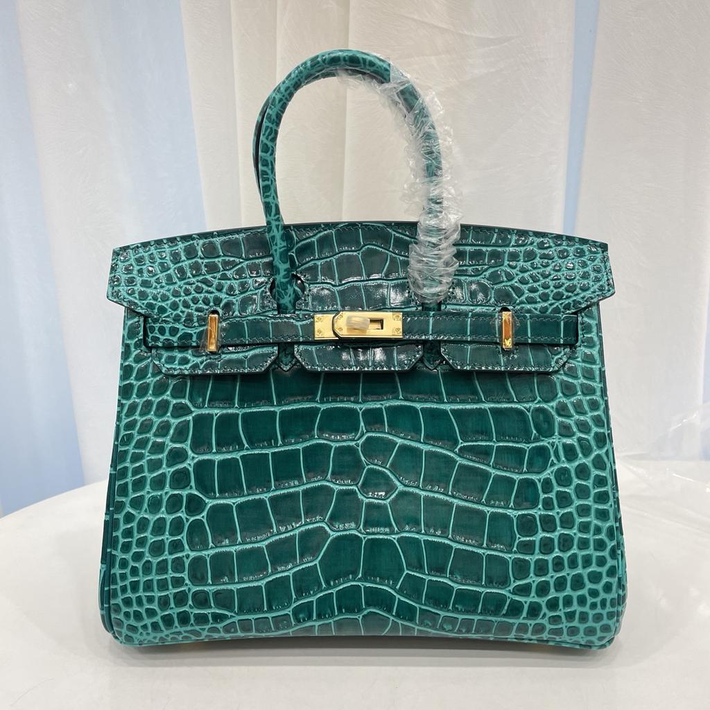 New Top-grain Cowhide Crocodile Pattern Women's Full Pair Version Shoulder Strap Version Handbag Lock Solid Color Women's Bag