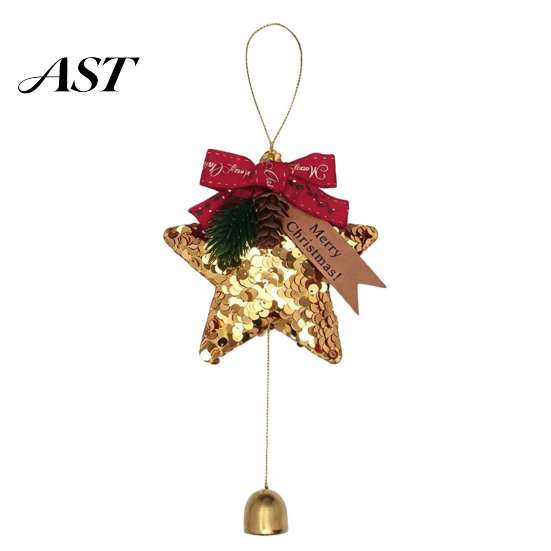 Durable Polyester Ornaments Glitter Star Bell Ornaments, Sequin Hanging Decoration with Bow Pine Xmas Tree Accessories Cone, Sparkly Christmas Pendant
