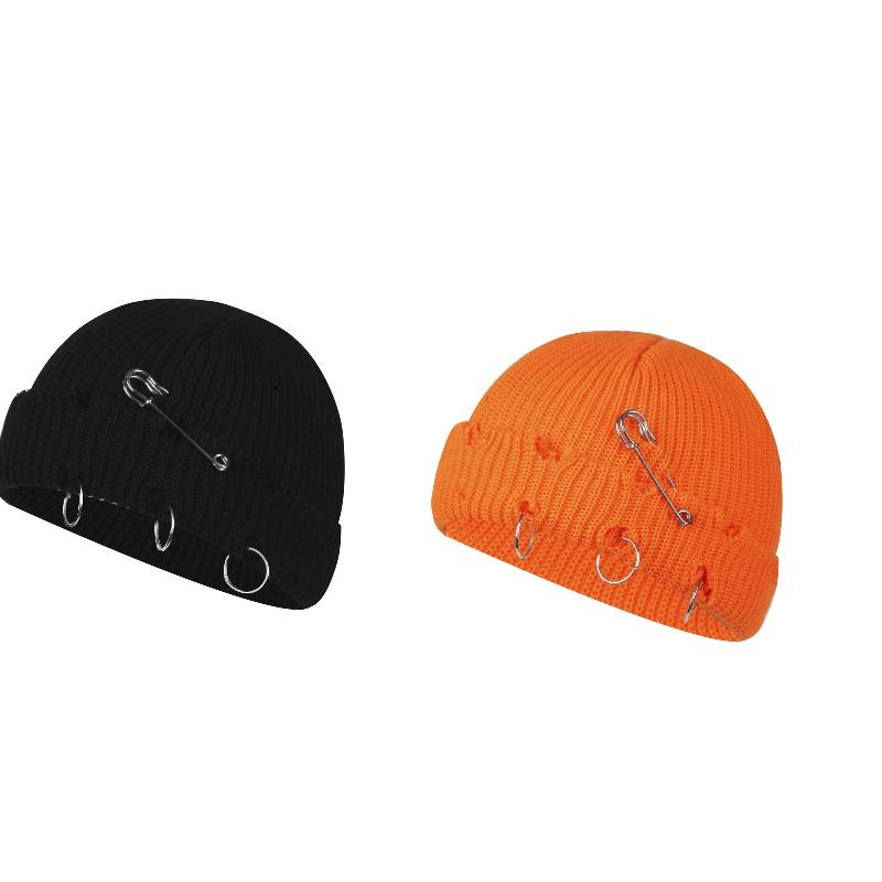 Women Girls Y2k Gothic Beanie Winter Knit Hats Trendy Metal Rings Pin Hip Hop Streetwear Harajuku Skull Cap Emo Scene Grunge
