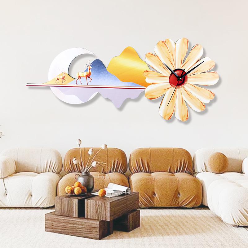 Living Room Wall Clock, Atmosphere Light Painting, Decorative Painting, New Chinese Style Sofa Background Wall Mural, High-end Clock