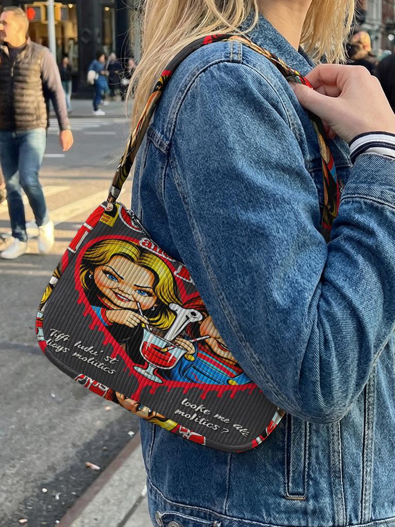 Trendy Chucky & Tiffany Print Shoulder Bag, Corduroy Underarm Bag for Daily Casual Use