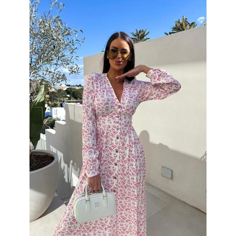 

JKASHDK Женская мода весна осень цветочный узор принт с длинным рукавом V-образным вырезом с высокой талией повседневные платья S розовый
