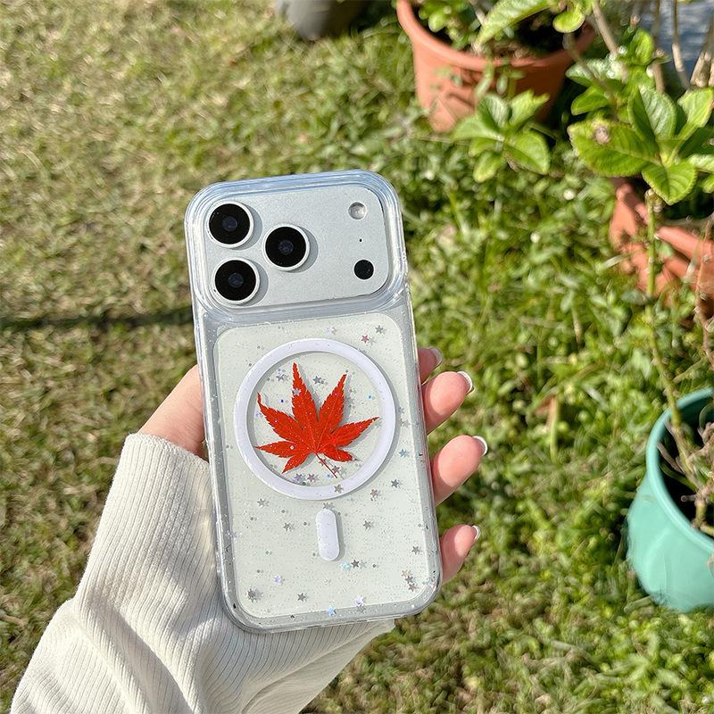 Transparent glitter mobile phone case for Iphone17 small fresh red maple leaf Apple 16Pro magnetic protective case