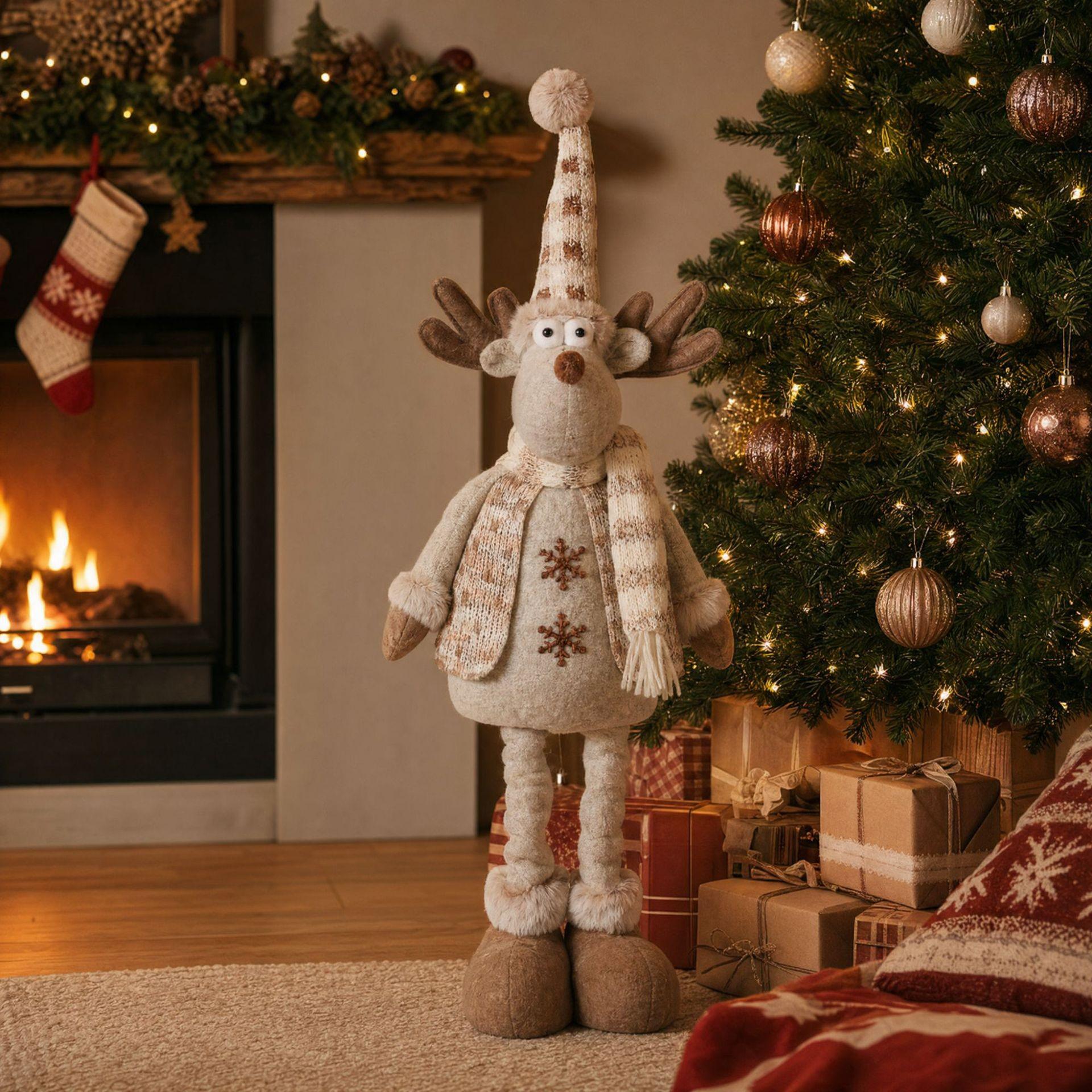 Nordic Style Christmas Plush Snowman & Reindeer Dolls with Retractable Legs – Festive Display Decor