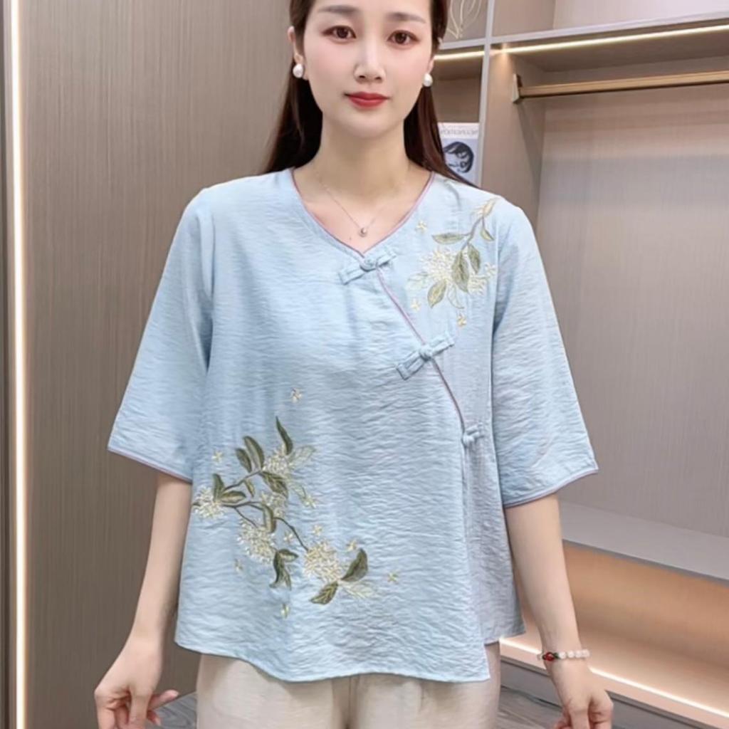 Middle Aged Women Retro Chinese Embroidery Asymmetrical Button Blouse Summer Loose Bohemian Style Top