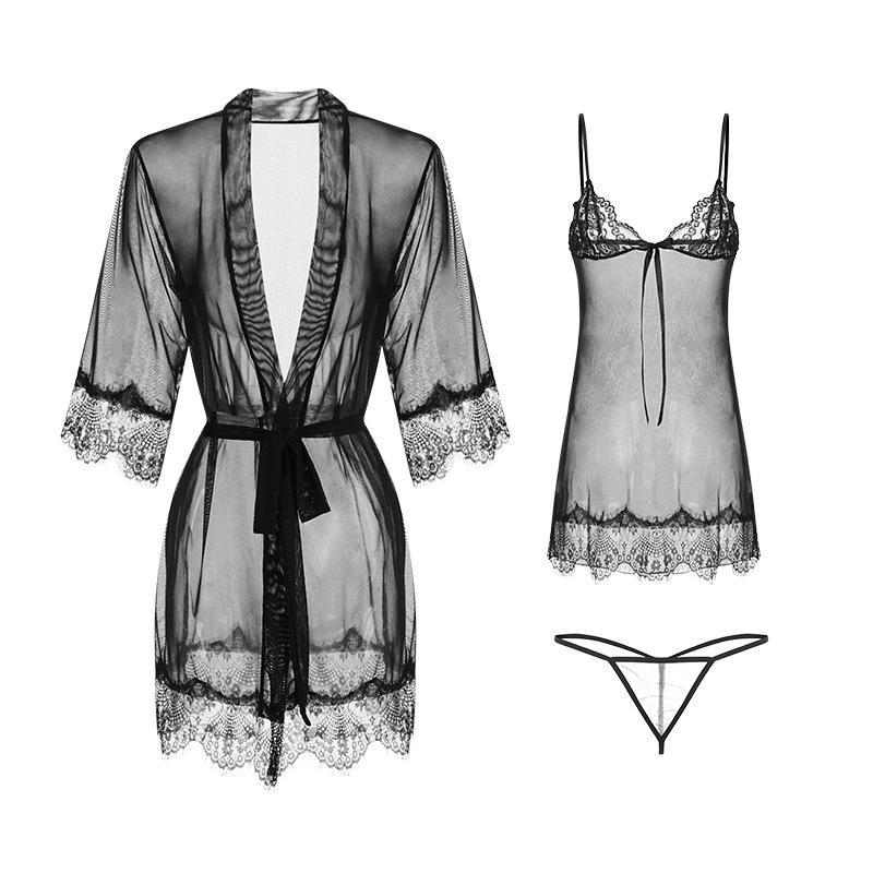 Women’s Sexy Lace Lingerie Set with Bow Detail Backless Camisole Nightdress, Tie-Up Robe, Thong and Belt Set