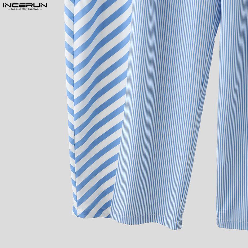 INCERUN 2 Stück Sommer Herren Kurzarm Gestreifte Nähte Hemden und Lange Hosen Übergroße Outfits Sets