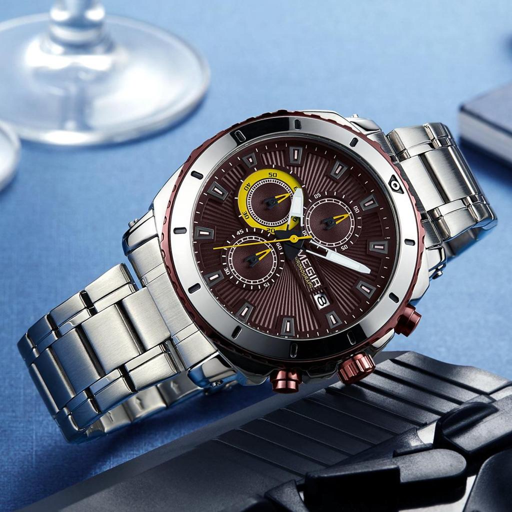 Megir Top Brand Luxury Men Quartz Watch with Stainless Steel Band Chronograph Business Wrist Watches Men Clock Relogio Masculino