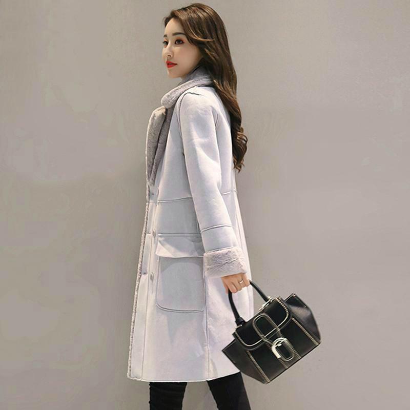 Solid tykk pels Faux Uformell Vinterfrakk Gaver Til Kvinner Mote Saueskinn Langjakke Overfrakk Dame Varm Trench Coats