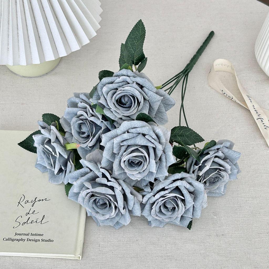 7-Head Ruffled Cappuccino Rose Bouquet - Vintage Artificial Flowers for Home or Wedding Decor