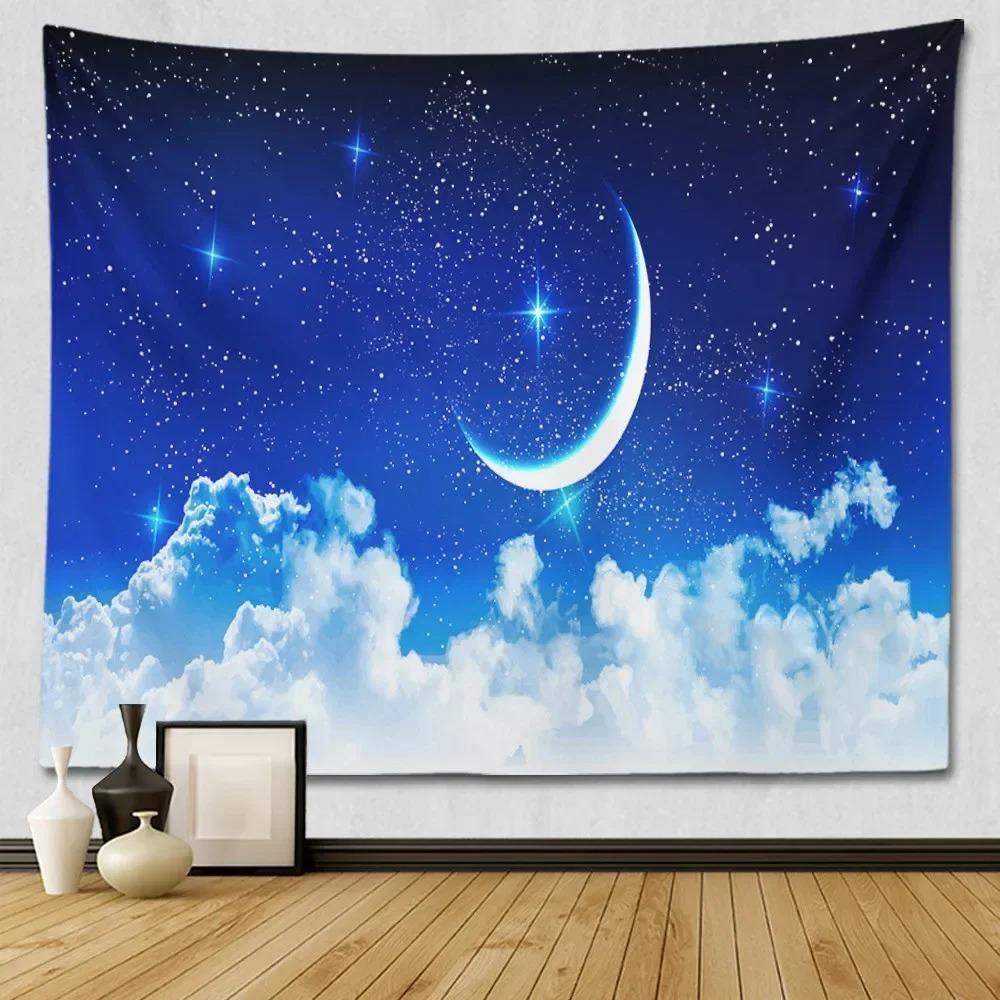 Suitable For Bedroom Wall Decoration Starry Sky Moon Tapestry Blue Starry Night Galaxy Universe Large Fabric Wall Hanging