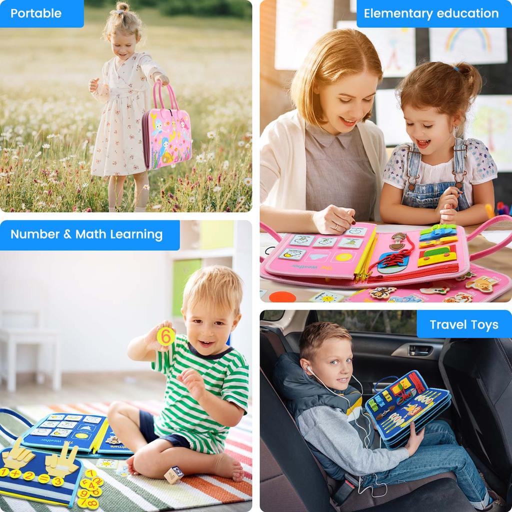 Montessori Busy Board Educational Learning Sensory Busy Book Toddler's Basic Motor Skills Activities Toy for Airplane Car Travel