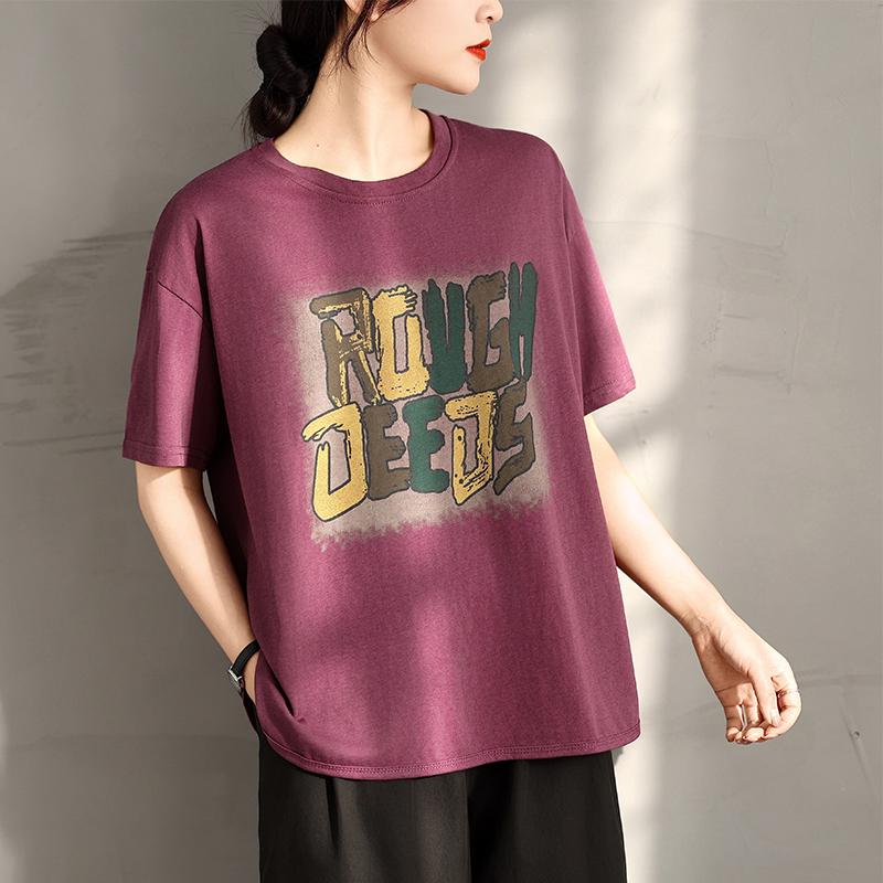 DIMANAF 2025 Kadın Yeni Yazlık Bol Büyük Beden Tişört Kısa Kollu Pamuk Vintage Baskılı Üstler Tişörtler Maksi