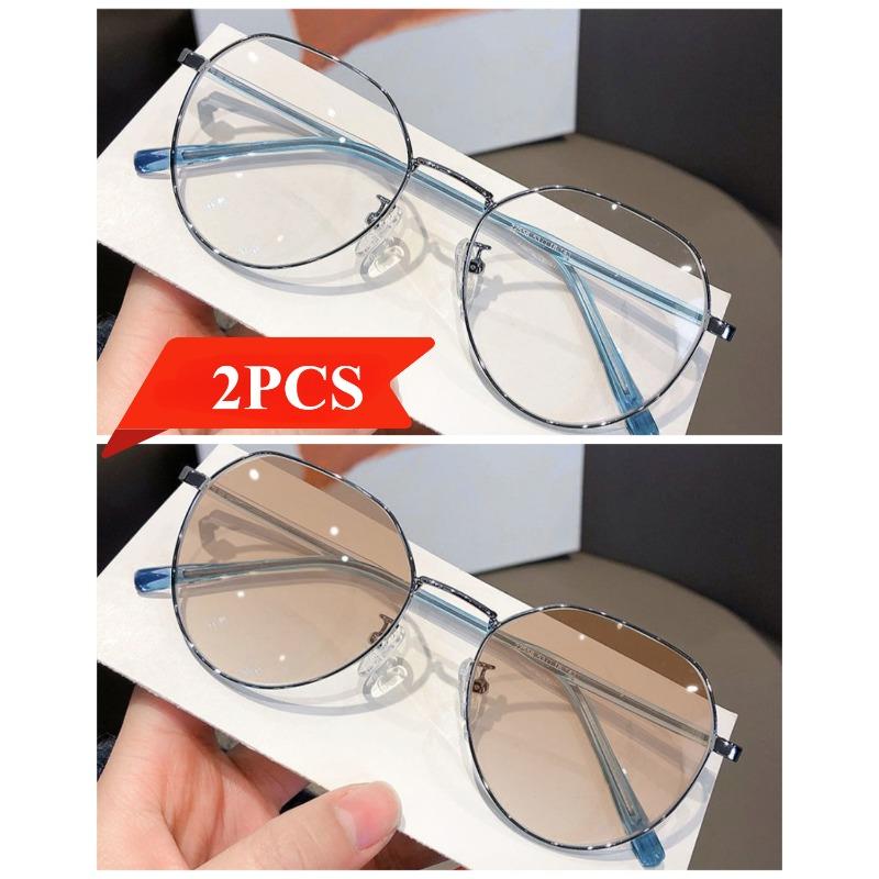 2PCS Transparent Photochromic Oval Glasses  Women's Stainless Steel Frame PC Material Fashionable Metal Chain