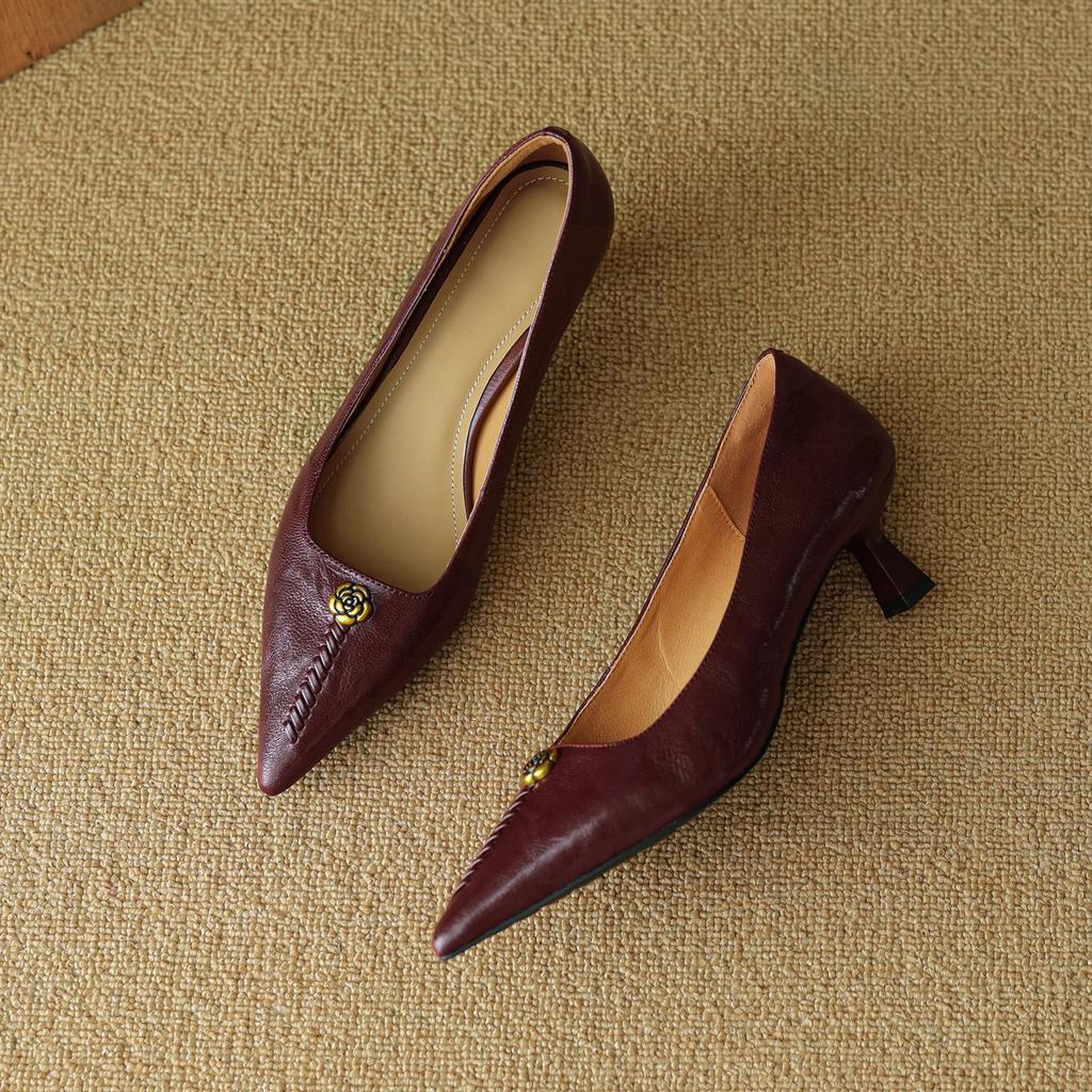 5.5Cm | French camellia with skirt pointed high heels women's 2025 new light mouth burgundy stiletto shoes