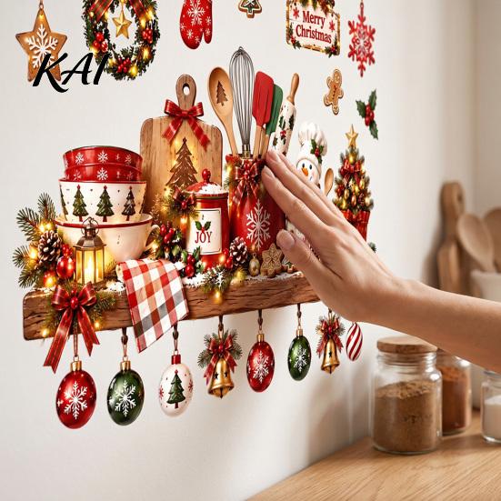 Christmas Party Scene Decoration Kitchen Wall Sticker, Self Adhesive PVC Decal, Festive Utensils Easy Apply Holiday Art Seasonal Holly Gingerbread Man