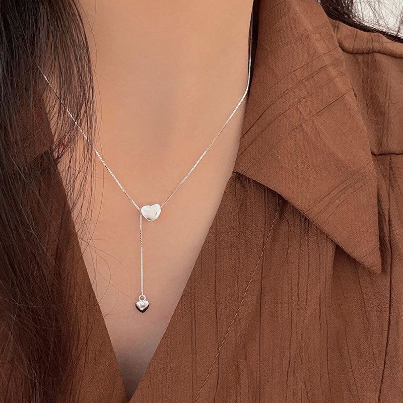 Lovely Sweet 925 Sterling Silver Double Heart Tassel Pendant Necklaces for Fashion Women Jewelry 40+5cm